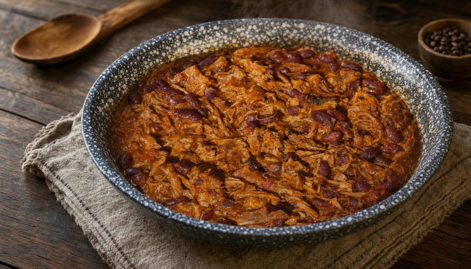 Füstös BBQ tépett sertés babbal, kávés szósszal