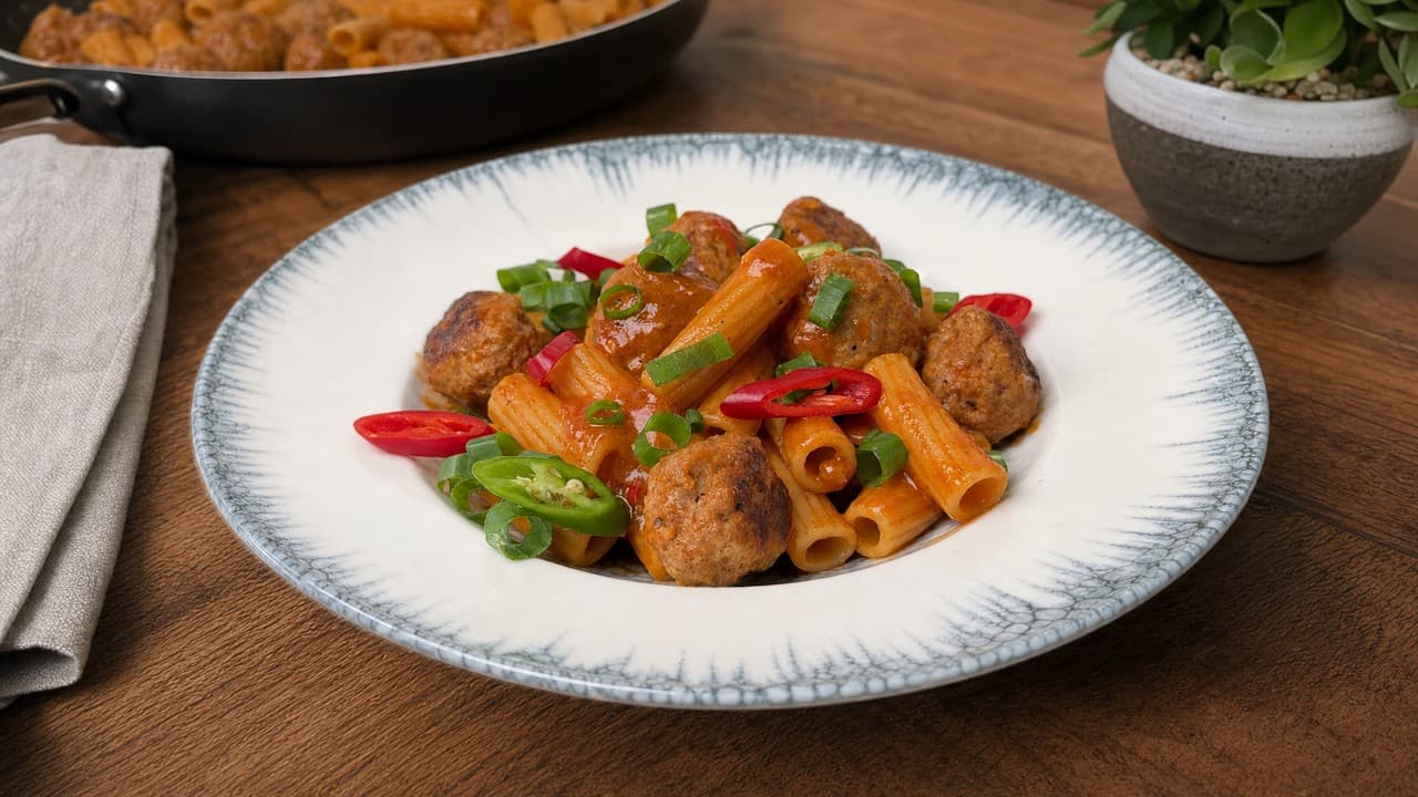 Ragacsos chili-szószos húsgombócok tésztával
