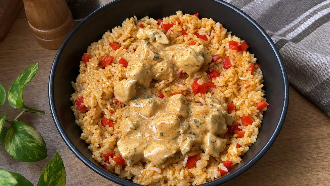 Joghurtos-chilis csirkeragu sült paprikás rizzsel