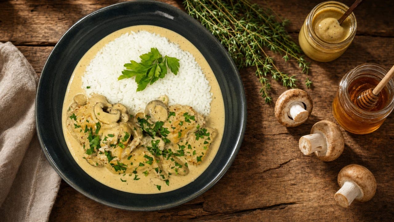 Mézes-mustáros csirkemell, kakukkfüves gombával – Raguk & pörköltek recept