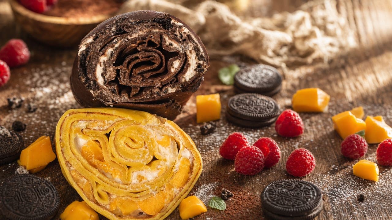 Oreos, málnás és mangós színes palacsinta