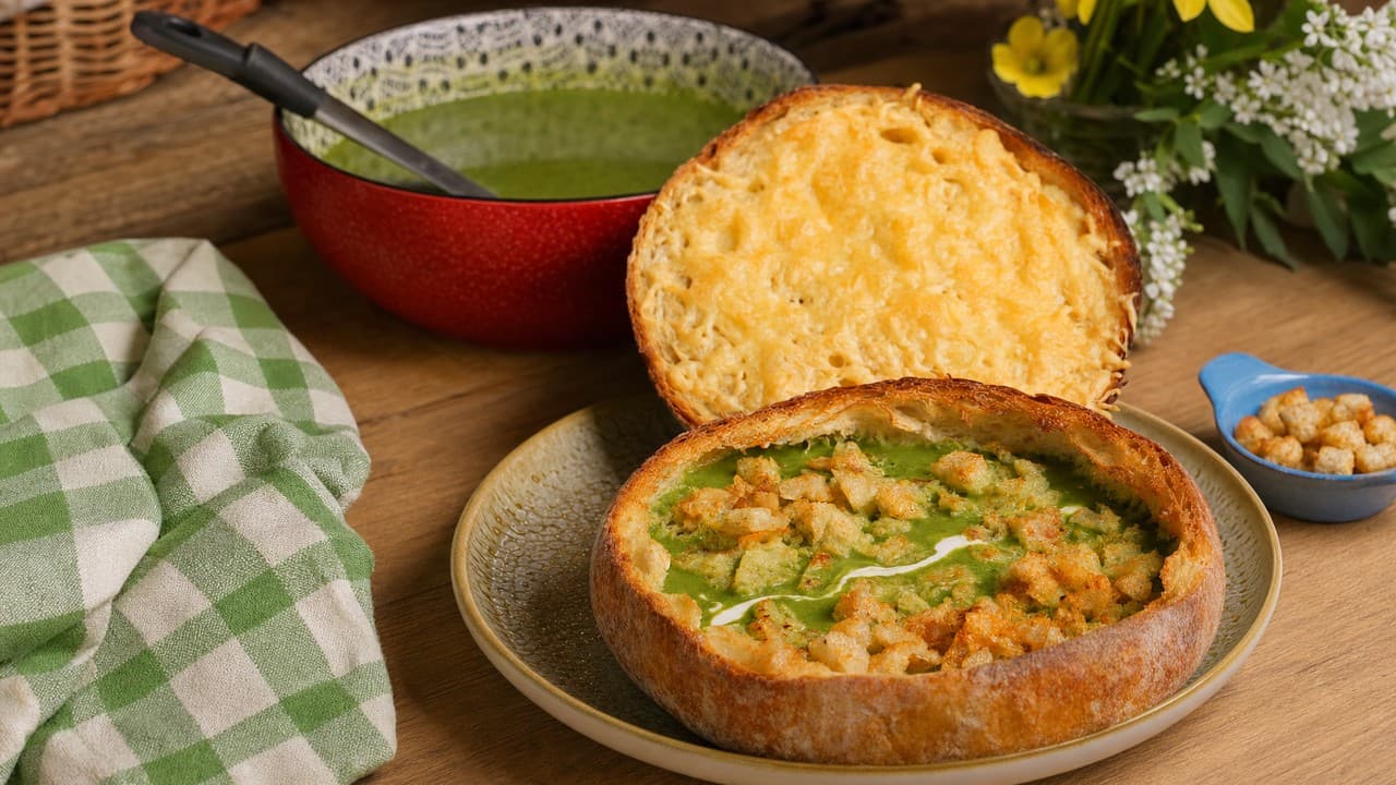 Medvehagyma-krémleves cipóban, camembert-rel