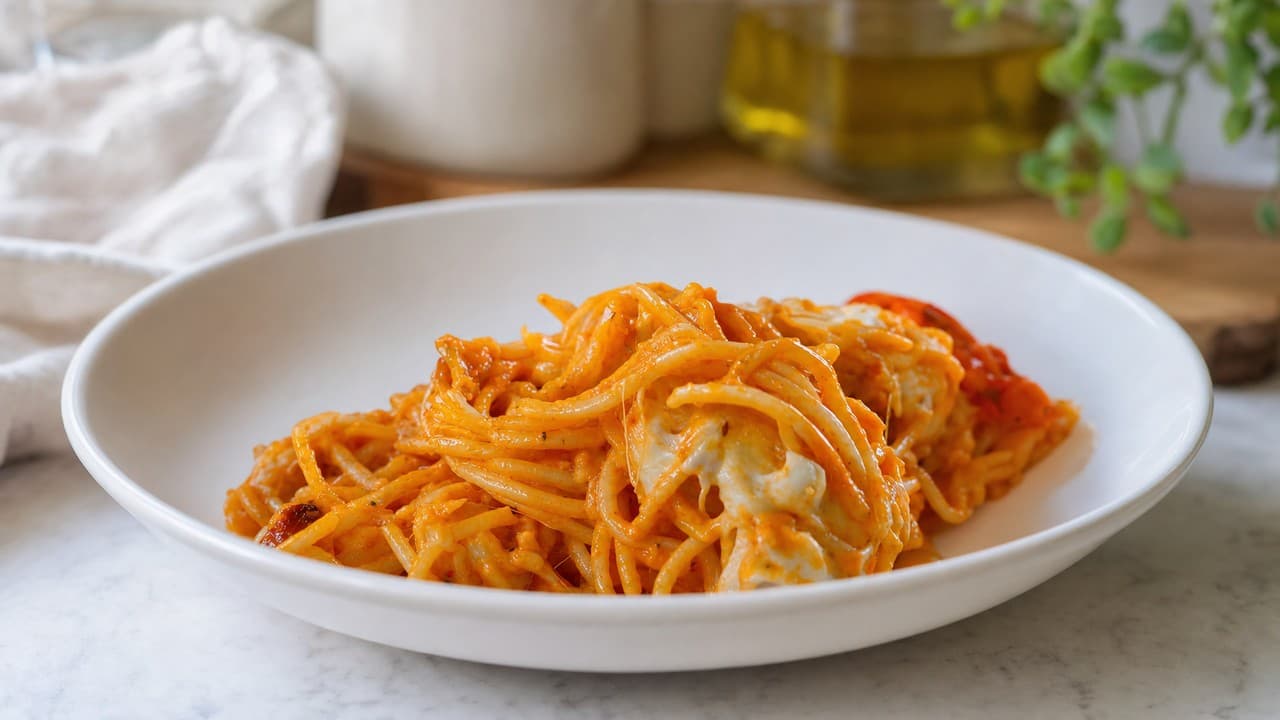 Sült paradicsomos–krémsajtos spagetti, csirkével