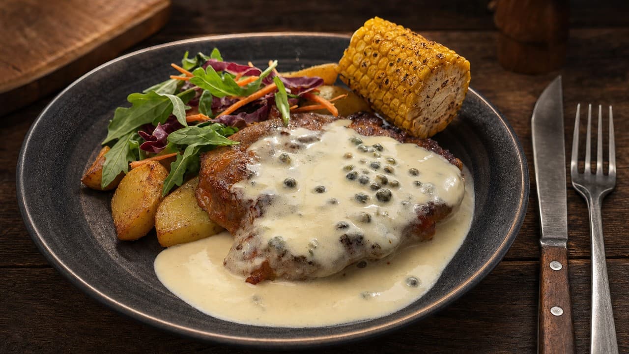 Tarja steak, velesült burgonyával és zöldbors-mártással
