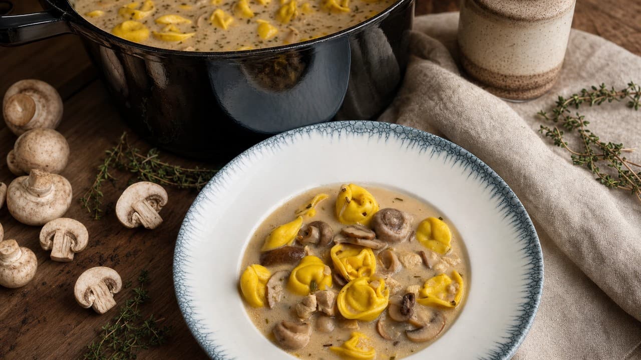 Csirkés–gombás tortellini leves